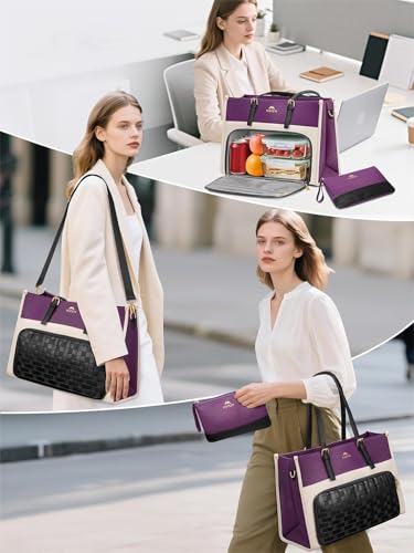 MATEIN Lunch Tote Bag, 15.6Inch Laptop Briefcase with Insulated Compartment | PU Leather Professional Computer Work Handbag with Purse, Large Capacity Office Tote for Nurse Teacher, Women Gifts, 2 Sets - color: Purple