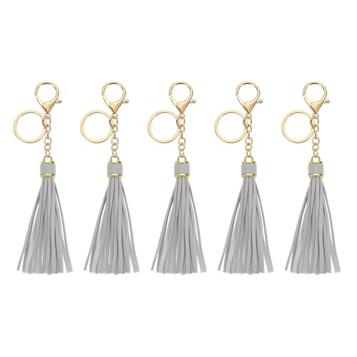 uxcell Leather Keychain Tassels, Women Tassel Bag Charm with Lobster Clasp Key Ring for Handbag Purse - color: Gray