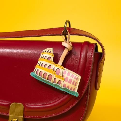 Travel Icon Leather Charm Keychain - Hand-Sewn Bag Charm for Car, Backpack Decoration, Gift for Women Men Kids - color: Colosseum Rome