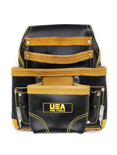 Leather Tool Pouch for Carpenter | Best for Electricians, Plumbers, Handyman and Framers | 10 Pockets with 2 Stainless Steel Hammer Holders - color: Yellow & Black
