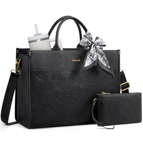 LOVEVOOK Laptop Tote Bag for Women, Vintage Work Bag with Large Cup Holder | Waterproof Business Computer Bag,Teacher Handbag Purse Briefcase,Office Gifts for Women with Silk Scarf - color: Black (Embossed), size: 17.3 Inch