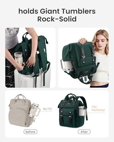 LOVEVOOK Laptop Backpack for Women with Giant Tumbler Holder Pocket,15.6 inch Waterproof Travel Backpack Purse Computer Laptop Bag - color: Dark Green With Cup Holder, size: 15.6 inch
