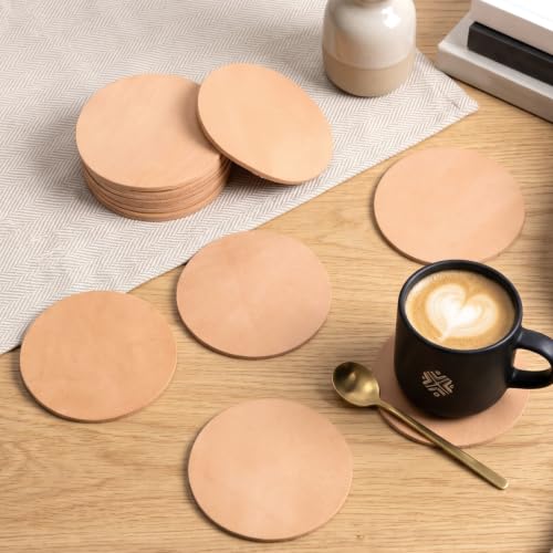 Bulyoou 50 Pcs Round Vegetable Tan Leather Coaster 3-3/4" Circular Tooling | Veg Tan Leather for Crafts, Blank Laser Engraving Coasters Tooling Stamping Carving, Thickness 3.2 mm - color: Tan, size: 3-3/4 Inches