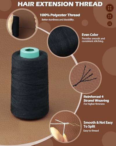 FIVEIZERO 900yd Black Sew in Hair Extension Thread and 30pcs T/C/J/I Needle | 1Roll Hair Thread;4-ply polyester weaving thread;Hair Weave Threads for Hair Extensions,Hand Sewing & Making Wigs DIY - color: 900yd-black