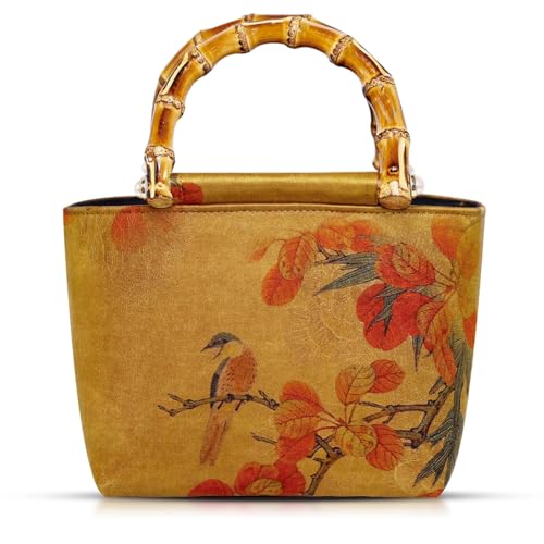 Tote Bag, Satin Oil Painting Handbags, Natural Bamboo Handle, Bohemian Shoulder Bag Suitable for Travel Daily