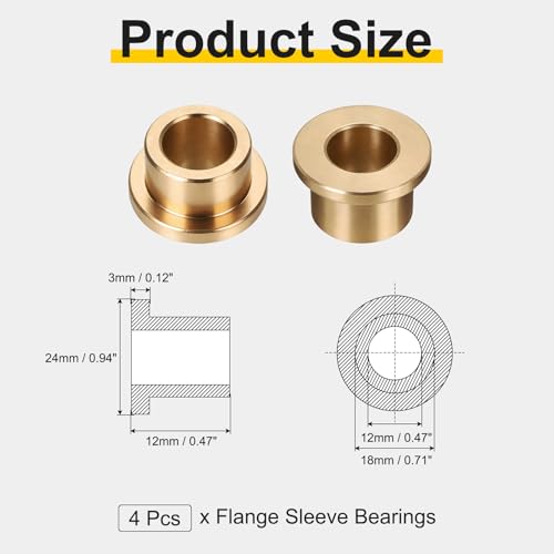 uxcell 4Pcs Flange Sleeve Bearings, 12mm Bore x 18mm OD x 12mm Length, Self-Lubricating Sintered Bronze Bushings - size: 12x18x12mm