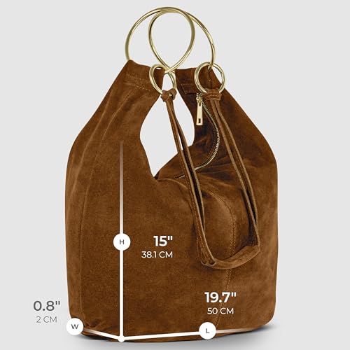 Italian Genuine Suede Hobo Bag for Women with Zippered Closure and Ring Handle Hardware | Large Shoulder Handbag (Mocha) - color: Mocha