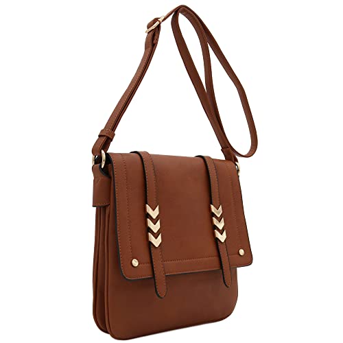 ALYSSA Double Compartment Large Flapover Crossbody Bag - color: Brown