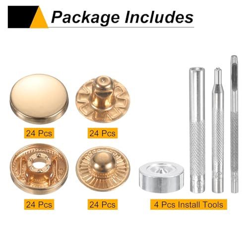 HARFINGTON 24Set Leather Snaps Fasteners Kit 15mm Dia Brass Press-Stud Cap Button 2.76" Length Metal Snap Buttons with 4 Install Tools for Coat Bag Leather Marine Boat Canvas, Gold - color: Gold, size: 15mm