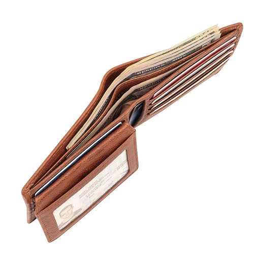 Mens Genuine Leather Flip ID Wallet RFID Blocking 8 Credit Card Slots 2 ID Windows 2 Sections for Bills 3 Hidden Pockets | Tan - color: Tan, size: 8 Card + 2 ID