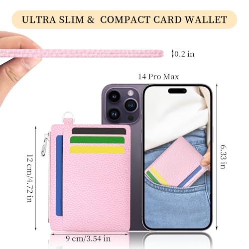 Hancynir Minimalist Slim Wallet Women Credit Card Holder, RFID Small Cute | Zipper Pocket Wallet, Thin Travel Coin Purse, Ladies Women Gifts, Key Chain Card Case, 6 Card Slots, ID Window, PU Leather - color: 01-Lichee PK Bling Wallet