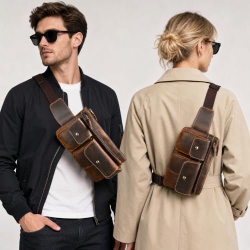 Water Resistant Canvas + Leather Hiking Riding Travel Fanny Waist Pack Small Phone Pouch For Men Women FB811-29 (9802-Brown 2) - color: 9802-Brown 2