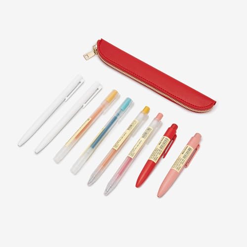 Slim Pencil Case Skinny Pen Case Pen Pouch (FL Bright Red) | Smooth gold zipper; wipe-clean faux leather; fits a few gel writers and a stylus; slips into planners backpacks and totes - color: Bright Red