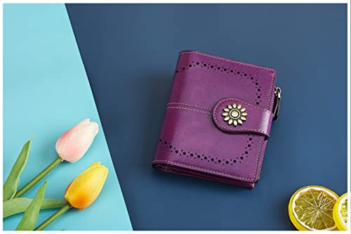 Womens Leather Wallet Small Compact RFID Blocking Credit Card Case Purse with Zipper Pocket | Small - color: Dark Purple