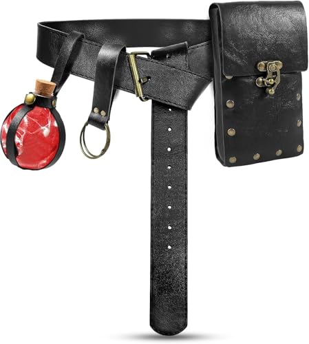 Renaissance Belt Pouch Waist Bag Steampunk Pouch Medieval Leather Belt Skirt Hikes Set, Retro Renaissance Accessories for LARP Cosplay Costume Christmas Gifts (1Bottle-Black) - color: 1bottle-brown