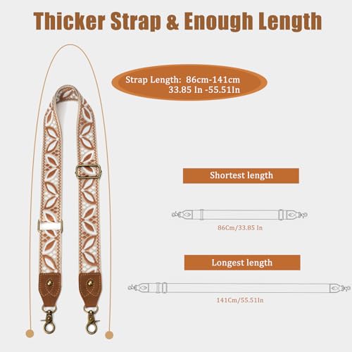 Purse Strap, 1.5" Cowhide Head Wide Shoulder Bag Strap Adjustable Replacement,Jacquard Embroidery Crossbody Bag Straps - color: Brownwhite Leave