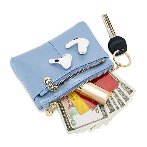 Women PU Leather Zip Mini Coin Purse With Key Ring Triple Zipper Card Holder Wallet (Blue) - color: Blue
