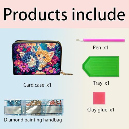 Santiway DIY Diamond Art Painting Kit - PU Leather Credit Card Holder Wallet & Coin Purse with Cat Pattern, Zipper Organizer 4.33x3.14in for Adults - style: Cat