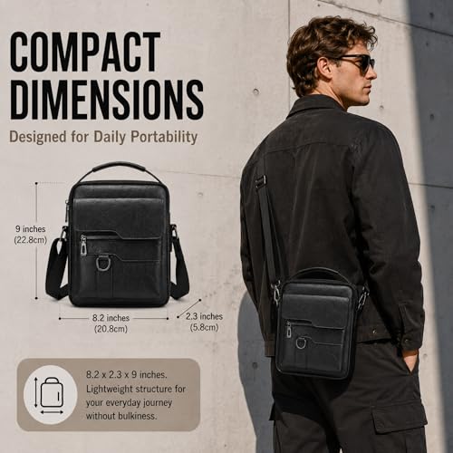Small Crossbody Bag, Mens Shoulder Bag, Vintage leather Bag Office Business for Men, Handbag Purse Zipper - color: Black-3