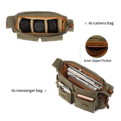 Kattee Vintage Leather Canvas DSLR SLR Camera Bags for Men | Leather & canvas, vintage. Adjustable padded dividers fit DSLR/lenses. Card pockets. Ideal for travel, office & daily - color: Light Green