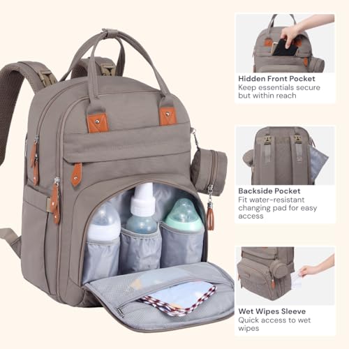 BabbleRoo Diaper Bag Backpack - Baby Essentials Travel Tote - Multi Function Water Resistant Diaper Bag, Travel Essentials Baby Bag with Changing Pad, Stroller Straps & Pacifier Case - Unisex, Khaki - color: Khaki, size: Large