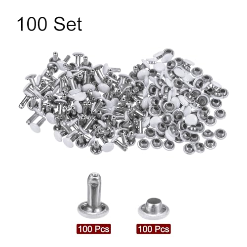 HARFINGTON 100 Sets Leather Rivets 6mm x 8mm Metal Double Cap Rivet Snaps Studs Fasteners with 3pcs Setting Tools Rivets for Leather Craft DIY Decoration, White - color: White, size: 6mm x 8mm