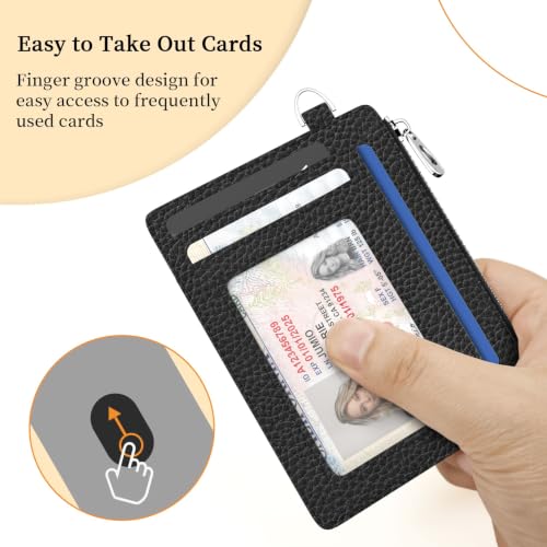 Hancynir Black Minimalist Slim Wallet Women Credit Card Holder RFID Small | Zipper Pocket Wallet, Thin Travel Coin Purse, Ladies Women Men Gifts, Cute Card Case, 6 Card Slots, ID Window, PU Leather - color: 01-Lichee Black