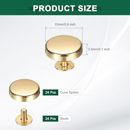 uxcell 24 Pcs Flat Head Button Stud 15mm Screw Back Rivets Stud Set Round Purse Feet Metal Studs Rivet Nailhead Buckle Button Rivet for DIY Leather Crafts Belt Strap, Gold - color: Gold, size: 15mm