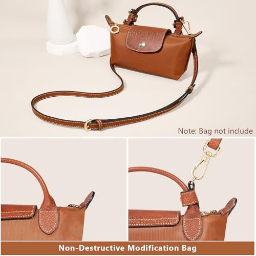 Purse Straps Replacement, Leather Handbag Crossbody Shoulder Strap Kit Adjustable for Mini Longcamp Tote Bag Women - color: Deepcognac
