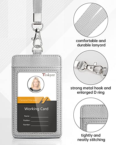 Teskyer Leather ID Badge Holder with Lanyard, Vertical Lychee Gray | Durable Nylon Lanyard, Rear Card Pocket, Scan Without Removing Card, Built to Last, Work & Cruise Ready - color: Lichee Gray, size: Vertical