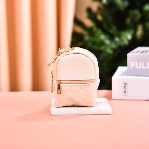 Mini Backpack Cute Cosmetic Bag for Women, Creative Cute Pendant Keychain Key-chains Keyrings PU Leather Makeup Bag Key Lipstick Card Holder Data Cable Organizer Zipper Pouch - color: Beige