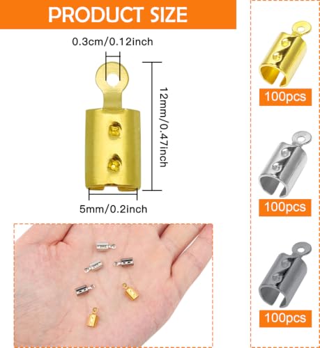 300 Pieces Fold Over Crimp Caps Stainless Steel Crimps Ends Fold Over Cord Ends Leather Ribbon Ending Clasp Tips Jewelry Connector for Bracelets Leather Jewelry Making(3 Colors) - color: gold, white k, gun black