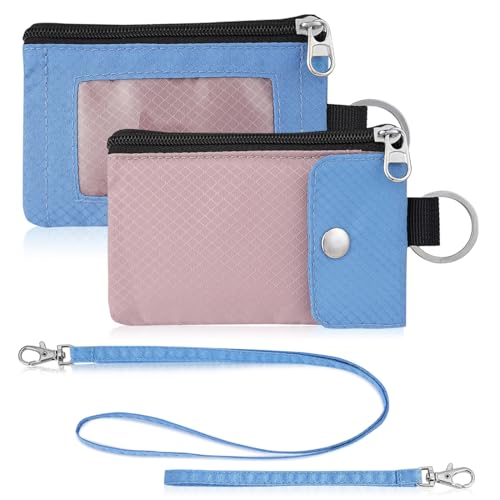 Artpaxy Minimalist Wallet For Mens Womens, Keychain RFID Blocking Zipper Small Wallet with ID Window 2 Lanyards,Water Resistant Travel Cash Card Coin Case Boys Girls - color: Light pink purple+Light blue