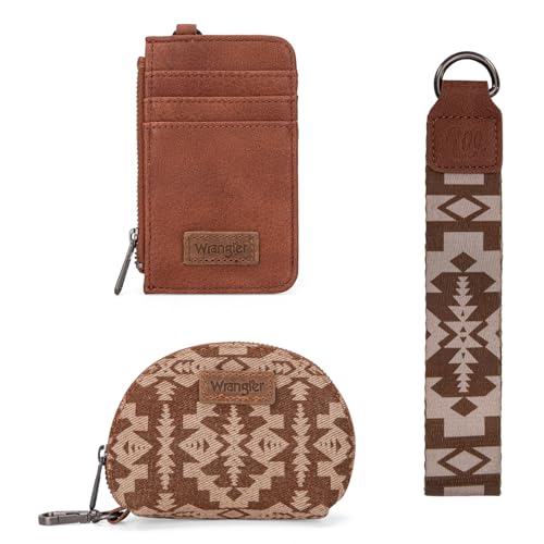 Wrangler Aztec Keychain Wristlet Wallets for Women Western Dual Pouch Wristlet Credit Card Holder Wallet with Zipper Pocket WG2212-W0051BR - color: Retro Brown