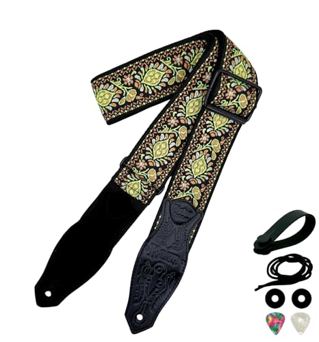 Rockyou 2" Wide Double-Layer Padded Guitar Strap with 4 Pick Holders, beauty Leather Ends & Metal Buckles(Yellow Garden) - color: Yellow Garden