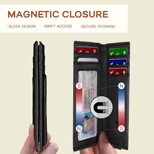 Zitahli Mens Slim Wallet - RFID Blocking Leather Bifold with Magnetic Closure, 12+ Card Capacity ID Window | Money Clip Gifts for Him - color: Classic Black