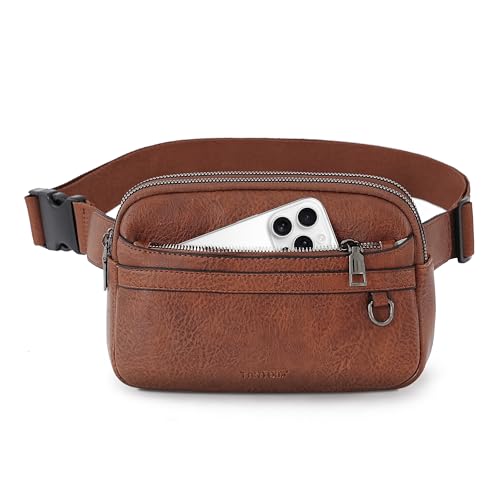 TAMTOMI Fanny Packs for Women Men Everywhere Belt Bag Vegan Leather Waist Packs with Adjustable Strap Crossbody Chest Bag Travel for Workout - color: Brown