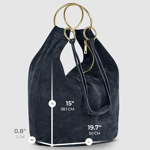 Italian Genuine Suede Hobo Bag for Women with Zippered Closure and Ring Handle Hardware | Large Shoulder Handbag (Dark Blue) - color: Dark Blue