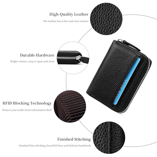 SENDEFN RFID Credit Card Holder for Women Small Leather Zipper Card Case Wallet 15 Slots - color: J-Black