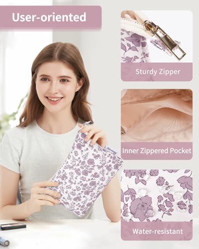 Narwey Small Makeup Bag for Purse Travel Makeup Pouch Cosmetic Bag Zipper Pouch Bags for Women (Dusty Pink Flower) - color: Dusty Pink Flower