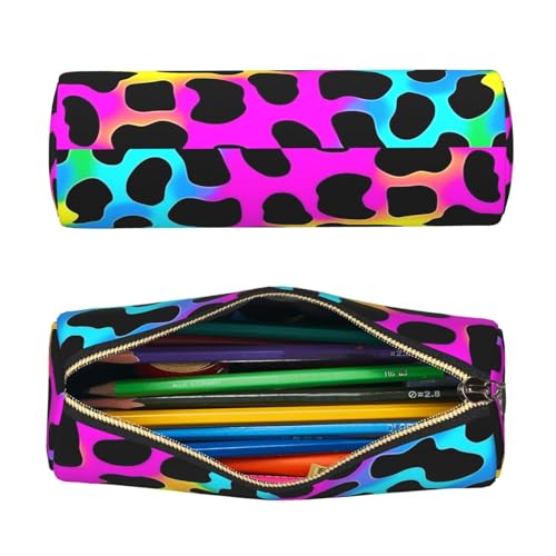 OSAM SPACE Leather Pencil Case Round Pencil Bag Leopard Print Rainbow Pen Organizer Holder Portable Zipper Pouch Cute School Supplies for Girls Boys Study Office - color: Leopard Print Rainbow