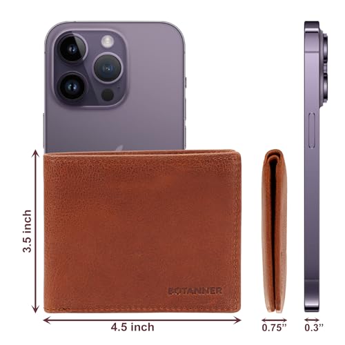 Genuine Leather Mens Bifold Wallet Slim RFID Blocking 5 Credit Card Slots 1 ID Window 2 Sections for Bills 2 Additional Slots | Tan - color: Tan, size: 5 Card + 1 ID