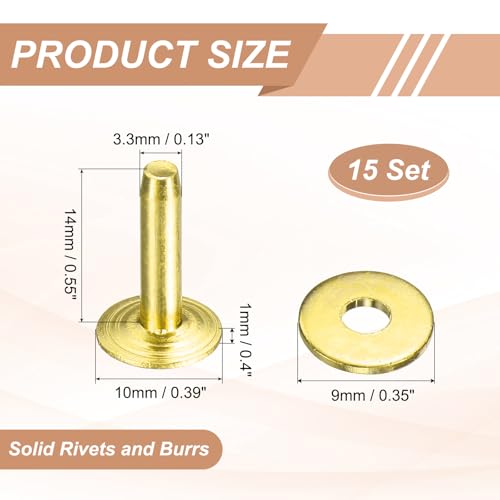 HARFINGTON 15Set Brass Rivets and Burrs Washers 10x3.3x14mm Dimpled Finish Solid Leather Rivet Fastener Studs Posts for Leather DIY Craft Belts Wallets Collars, Gold Yellow - color: Gold Yellow, size: 10x3.3x14mm