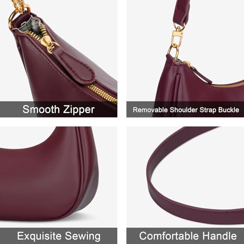KKXIU Small Shoulder Bag for Women Mini Clutch Purses Cute Hobo Handbags | Classic Trendy Retro Underarm Crossbody Bag with Detachable Straps, Vegan Leather, Zipper Closure - color: Burgundy