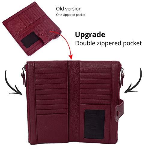 Bveyzi Women Soft Leather RFID Blocking Bifold Slim Wallets Ladies Credit Card Holder Double Zipper Pocket - color: Wine Red