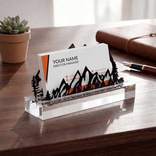 CroBlissful 2 Pcs Mountain Business Card Holders for Desk, Acrylic & Metal Black Mountain Range Forest Silhouette Business Card Display Stand for Home Office - size: Acrylic, style: Mountain