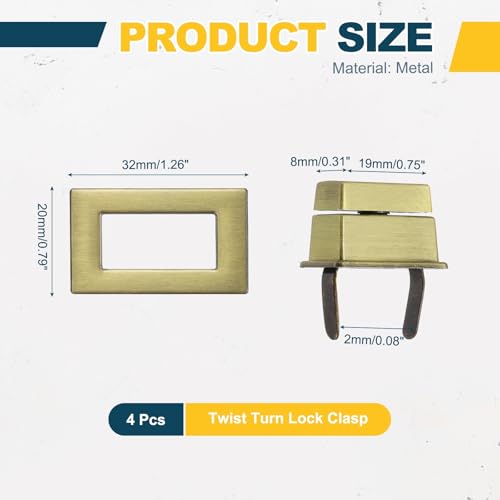 M METERXITY 4Pcs Purse Twist Lock (1.26 x 0.79 Inches, Bronze)- Rectangular Purse Closure Twist Turn Lock Clasp Metal Clip Hardware Apply to DIY Handbag/Purse/Wallet/Leather Craft - color: Bronze, size: 1.26 x 0.79"