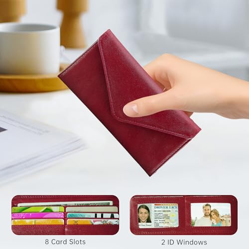 Rfid Credit Card Holder Wallets for Women Leather Zipper Slim with Coin Pocket, Wine Red - color: Wine Red