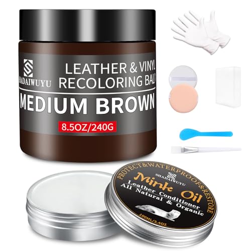 SHADAIWUYU 8.5oz Leather Recoloring Balm with 100ml Mink Oil,Medium Brown Leather Repair kit for Furniture and Car Interior,Leather Couch Scratch Repair,Leather Dye Paint,Mink Oil for Leather - color: Medium Brown, size: Leather Recoloring Balm+Mink Oil