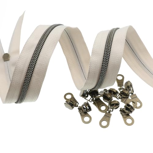 #5 Brass Zipper Bulk 5 Yards Beige Zipper Tape 10pcs Brass Pulls Slider - color: Beige-brass